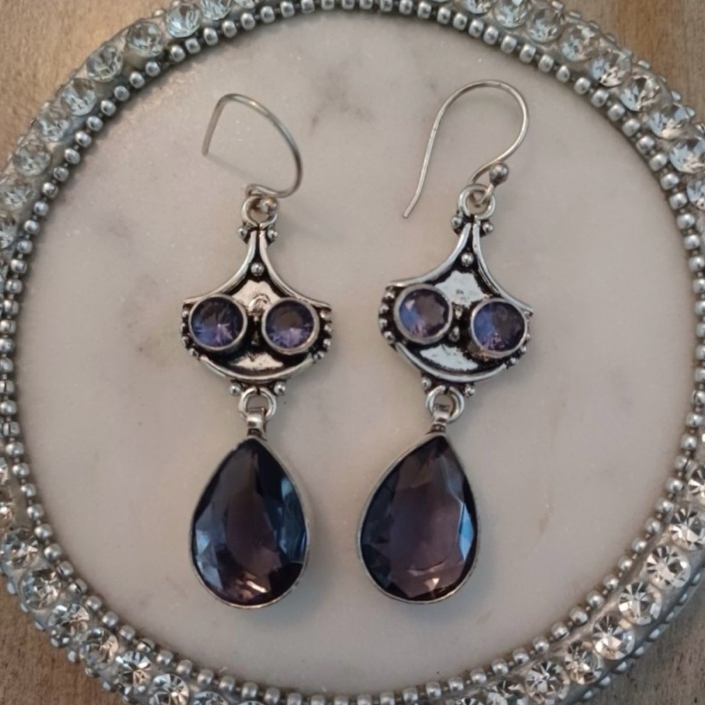 Blue Purple lolite Crystal Quartz
Dangle Drop Earrings